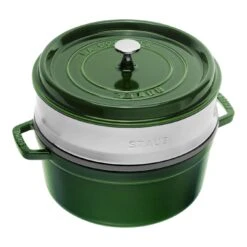 Staub Cocotte Mit Dämpfeinsatz 26 Cm, Rund, Basilikum-Grün, Gusseisen